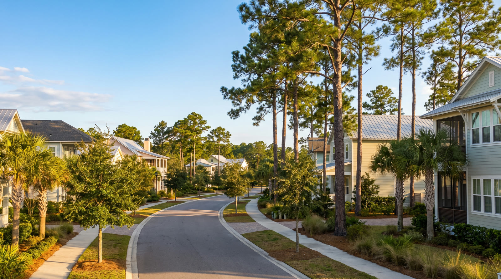 Nocatee community street with preserved pines and young oaks