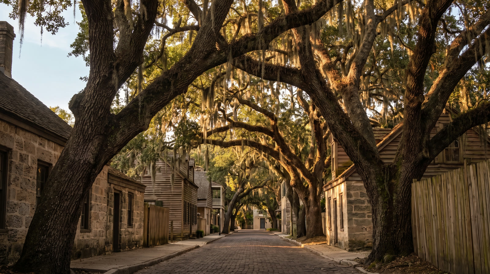 St. Augustine old-town street under ancient moss-draped live oaks