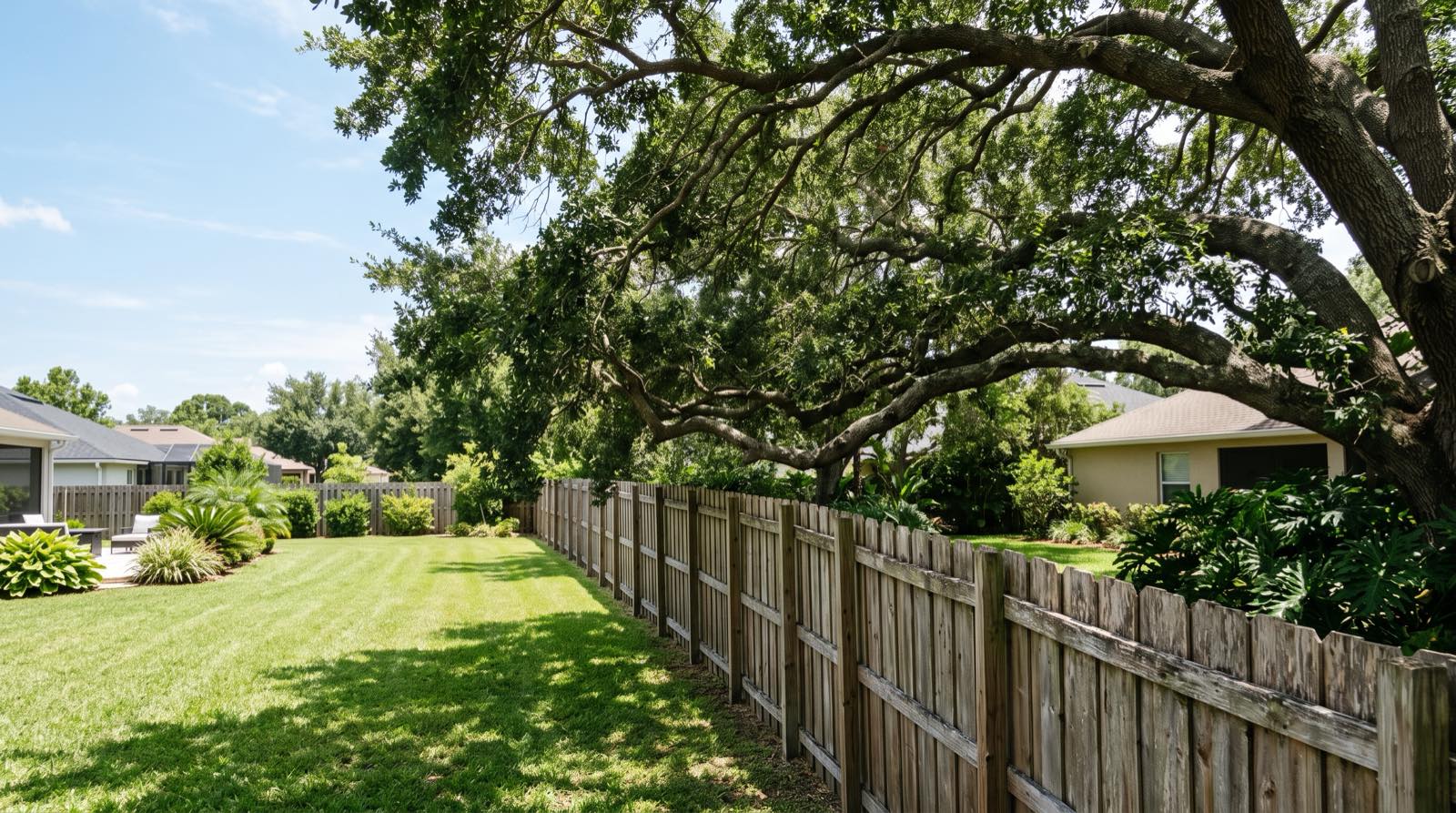 Oak limbs reaching over a wooden privacy fence between two Jacksonville yards