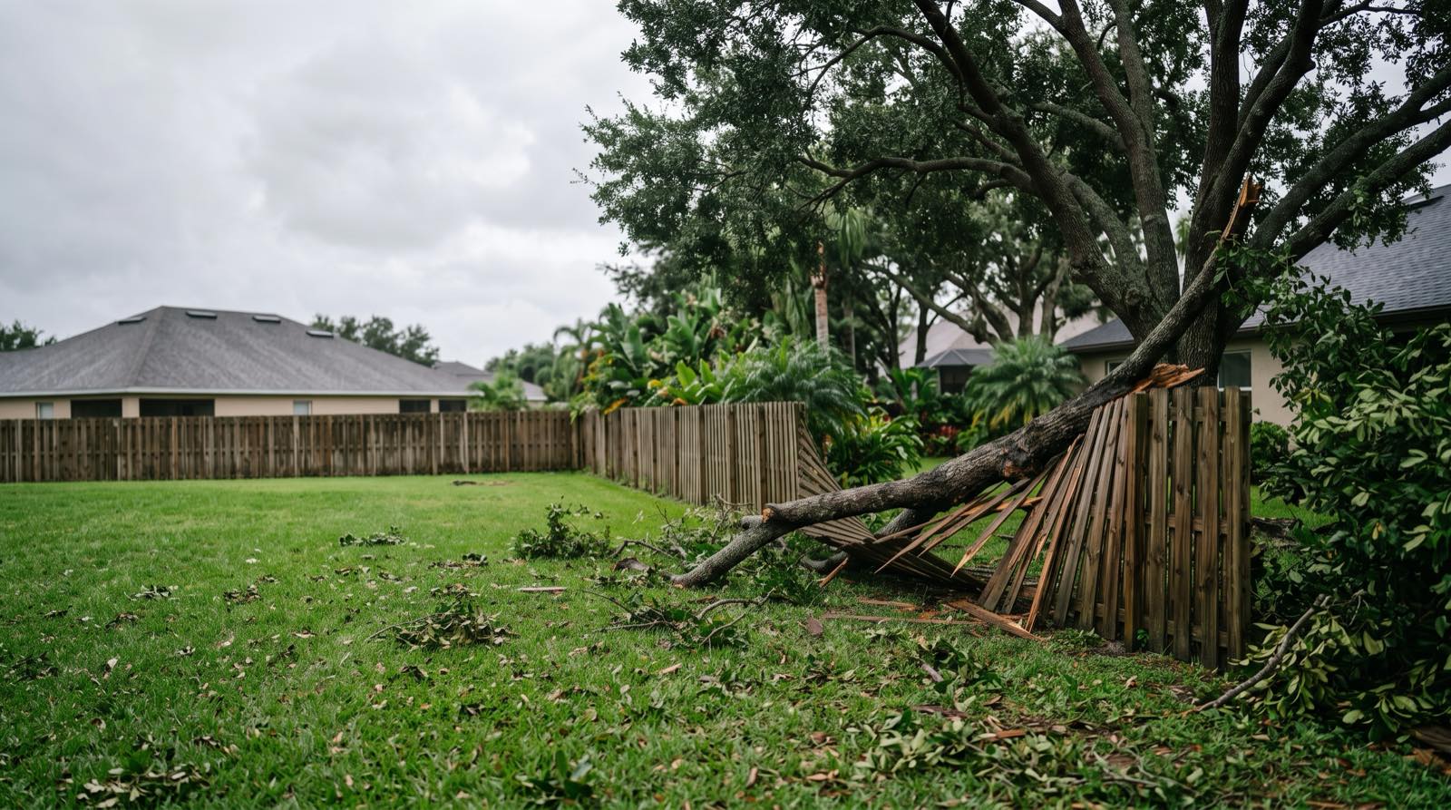 Large oak limb fallen across a wooden fence between two Jacksonville back yards after a storm