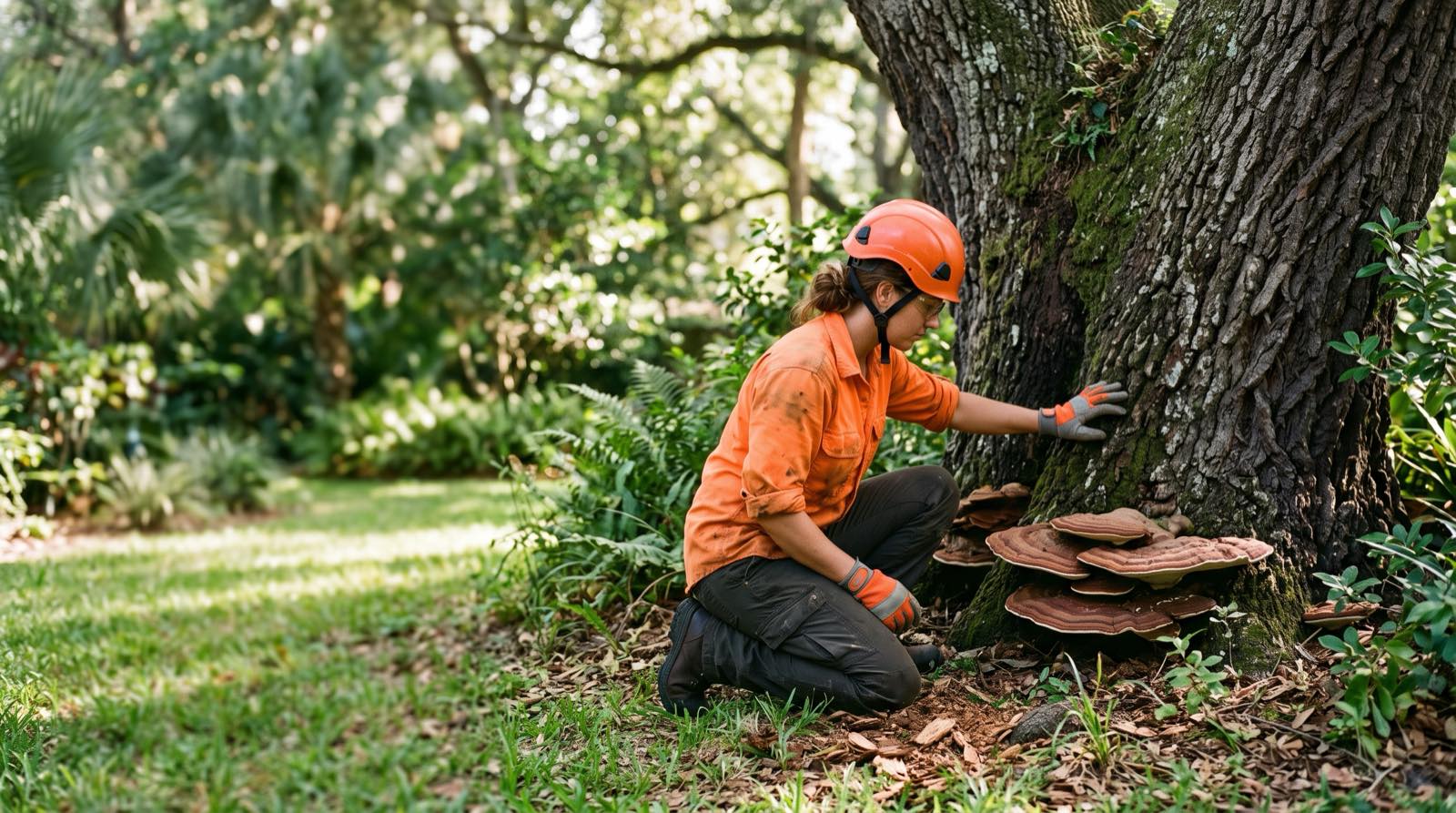 Arborist inspecting fungal conks at the base of a mature oak trunk in a Jacksonville yard